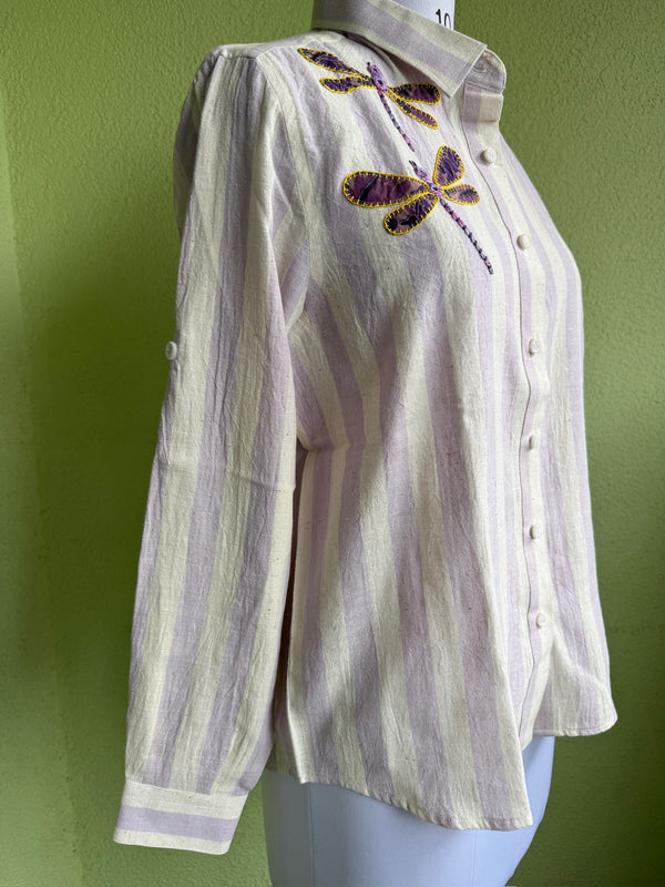 Off white kala cotton shirt with dragonfly embroidery