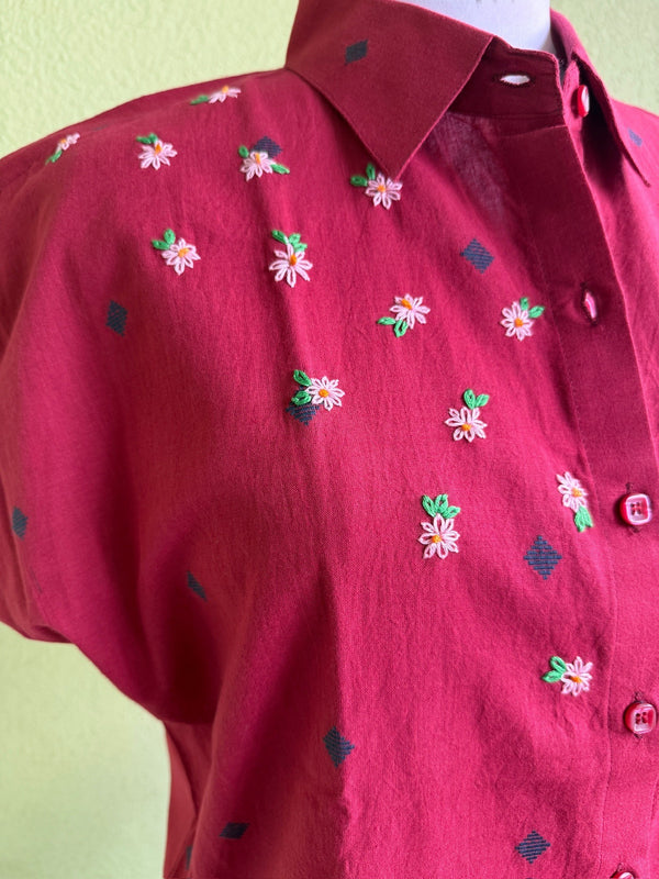 Maroon handloom shirt with woven motifs and embroidery