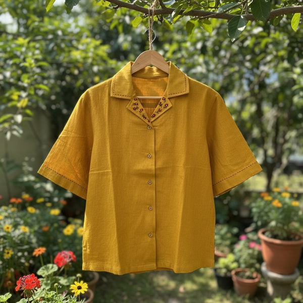 Mustard kala cotton shirt with hand-embroidered cuban collar