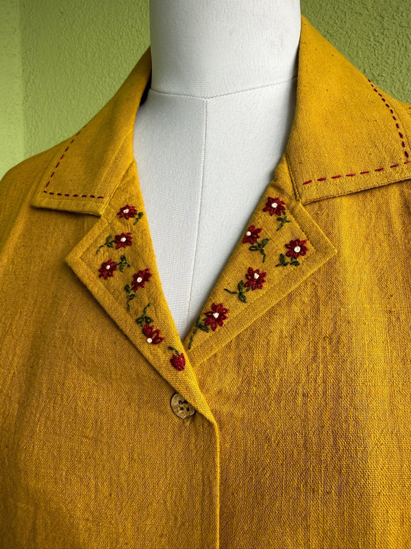 Mustard kala cotton shirt with hand-embroidered cuban collar