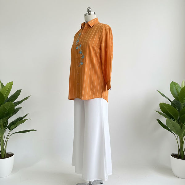 Cinnamon rust striped handloom shirt with applique and hand embroidery