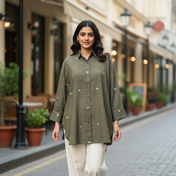 Brown-green Jamdani shirt with hand embroidery