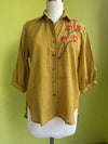 Mustard checked cotton shirt with floral hand embroidery