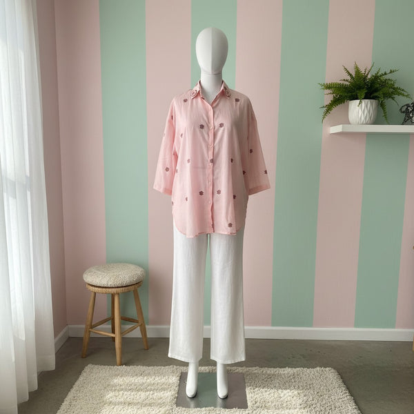 Blush pink Jamdani cotton shirt with mirror work collar
