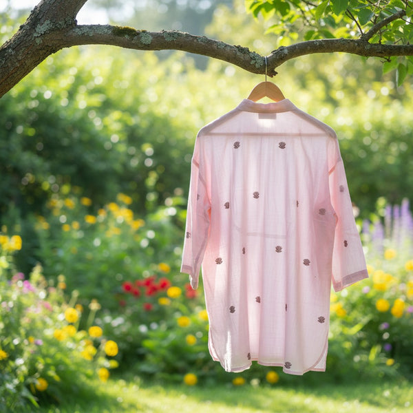 Blush pink Jamdani cotton shirt with mirror work collar