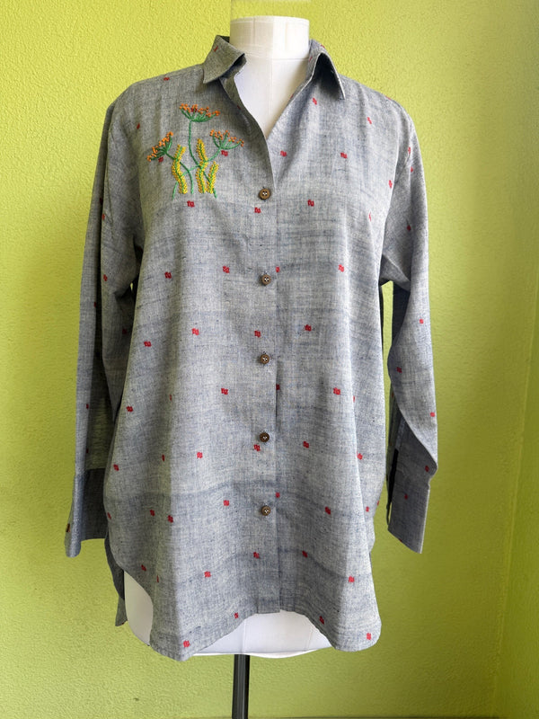 Grey Jamdani cotton shirt with wildflower hand embroidery