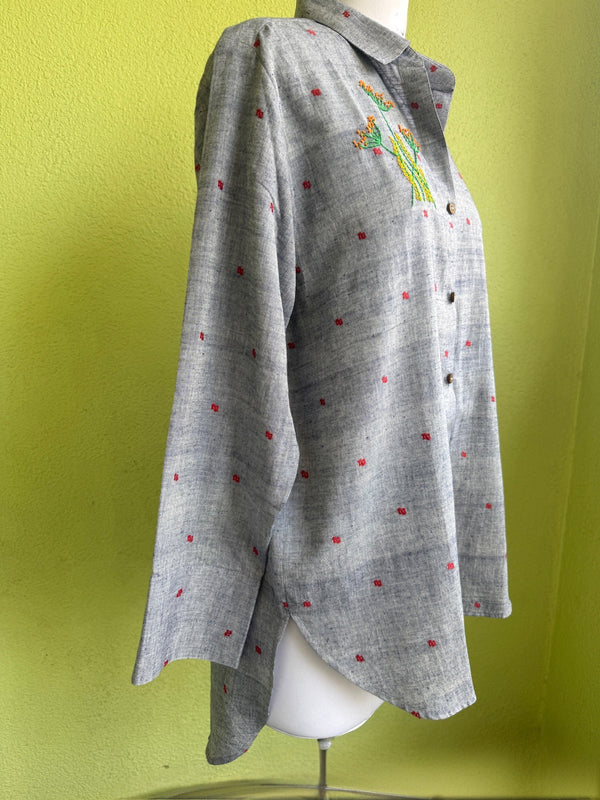 Grey Jamdani cotton shirt with wildflower hand embroidery