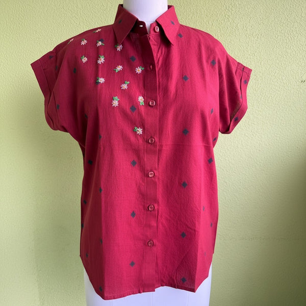 Maroon handloom shirt with woven motifs and embroidery