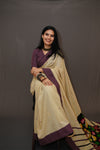 Biscuit Jamdani with patch work and pure silk pen kalamkari pallu -Saree